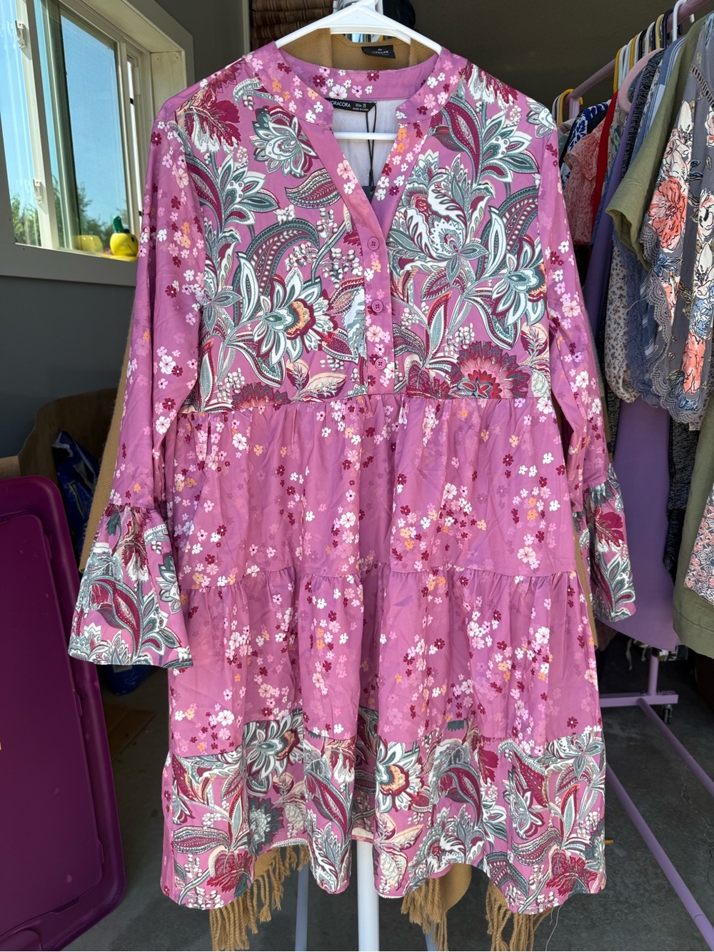 Boho Floral Tiered Long-Sleeve Dress in Dusty Rose